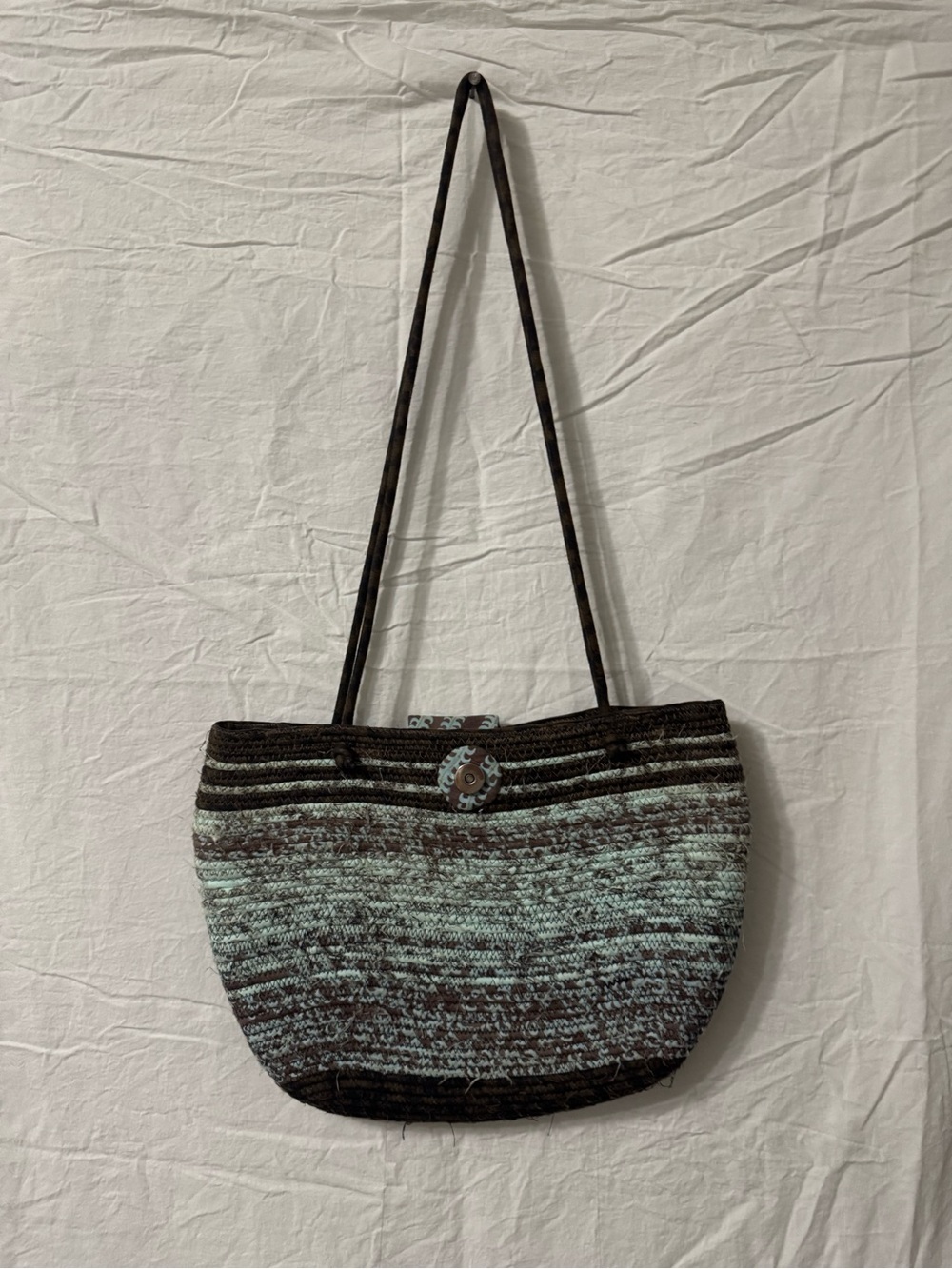 Brown and Light Blue Patterned Fabric Bag - Floral Snap Detail